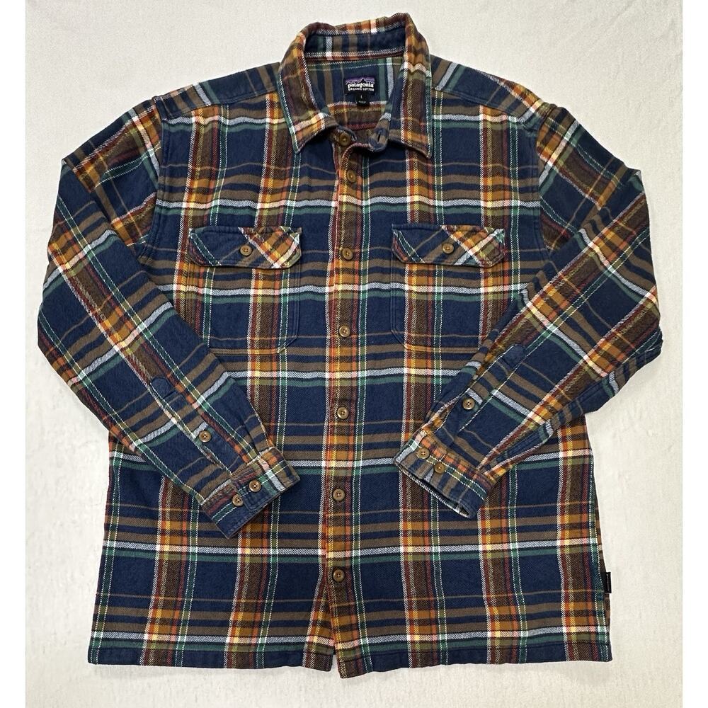 Patagonia Shirt Mens Large Blue Fjord Flannel Plaid 100% Organic Cotton Outdoor